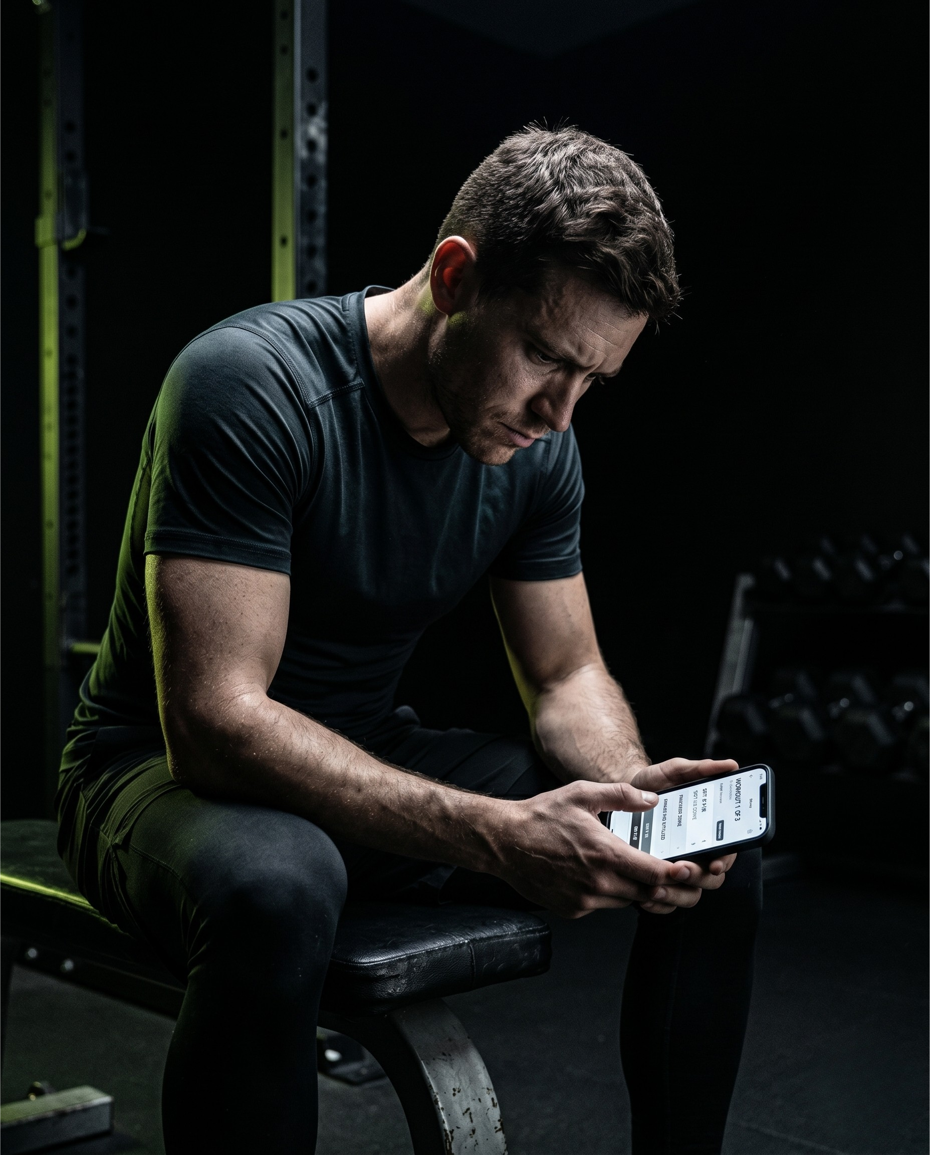 Homem frustrado com app de treino genérico